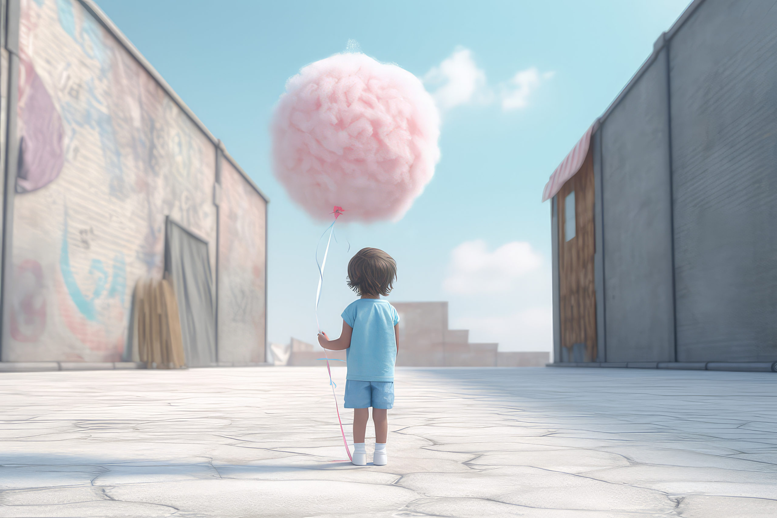 View from back, small girl holding a balloon made of cotton candy. Bright blue sky. Creative concept of childhood, girlish dreams, childhood fantasy and innocence. Generative AI 3d render