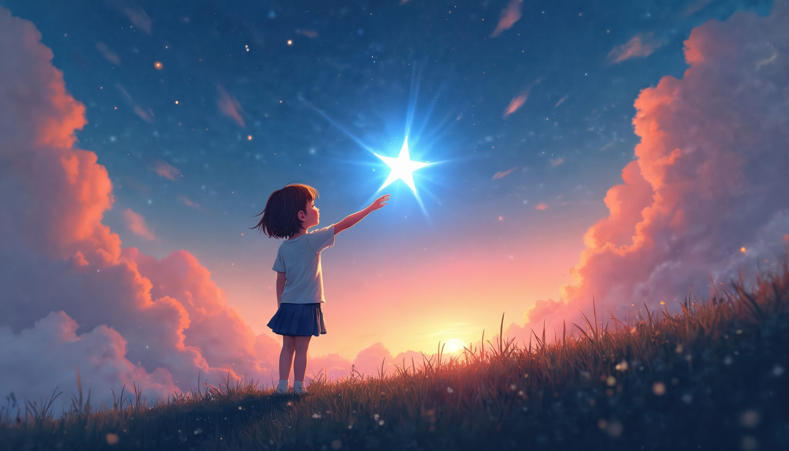 Illustration of young girl reaching for star during day with night dimension sky. Digital art featuring dreamy surreal landscape, imagination, hope, wish fulfillment concepts. Sunrise with clouds.