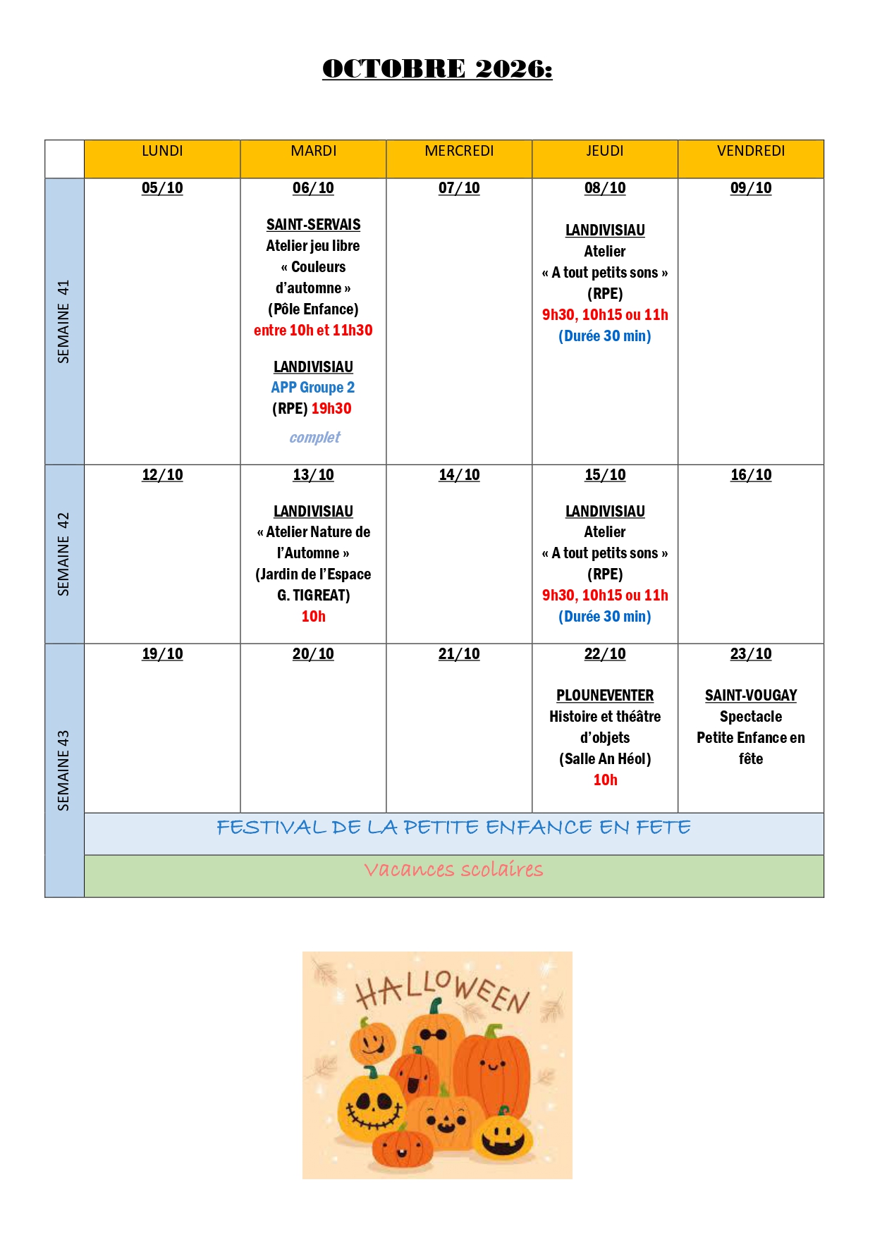 calendrier des animations oct26